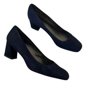 Stuart Weitzman Marymid Navy Blue Suede Block Heel Square Toe Pumps Size 12